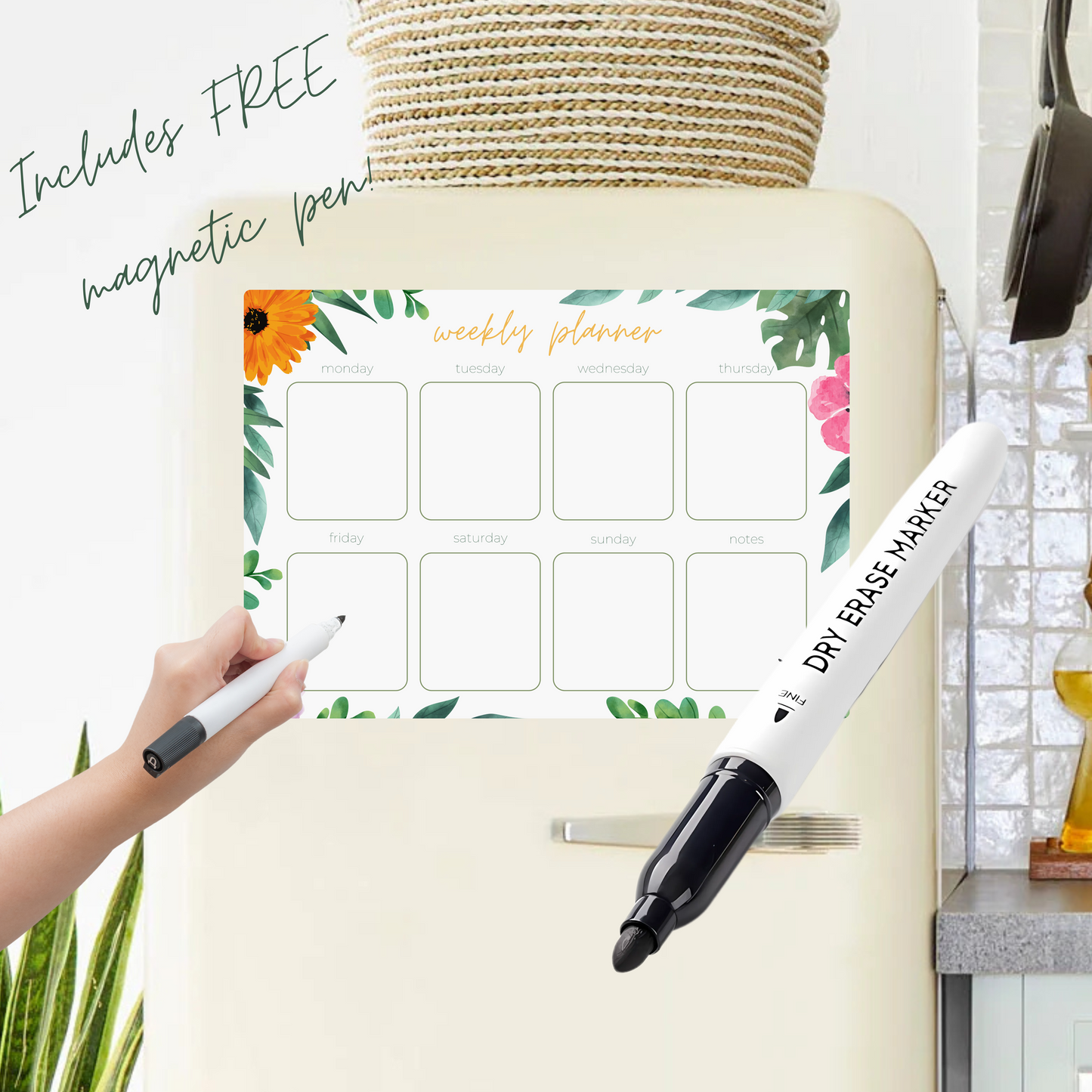 Magnetic Weekly Planner for your Fridge (A4 - 21 x 29.7 cm) - Floral Pattern - Reusable Dry Wipe Weekly Planner - Includes FREE Magnetic Pen!