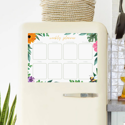 Magnetic Weekly Planner for your Fridge (A4 - 21 x 29.7 cm) - Floral Pattern - Reusable Dry Wipe Weekly Planner - Includes FREE Magnetic Pen!